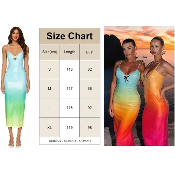 Sequin Gradient Sunset Beach Maxi Dress w/ Gold Starfish Emblem - Picture 5 of 5